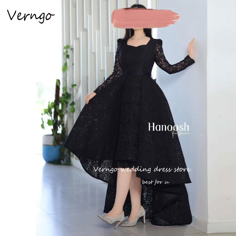 

Verngo Modest Dubai Arabic Women Evening Dresses Lace Long Sleeves Square Neck Hi Low Formal Prom Party Gowns Plus Size
