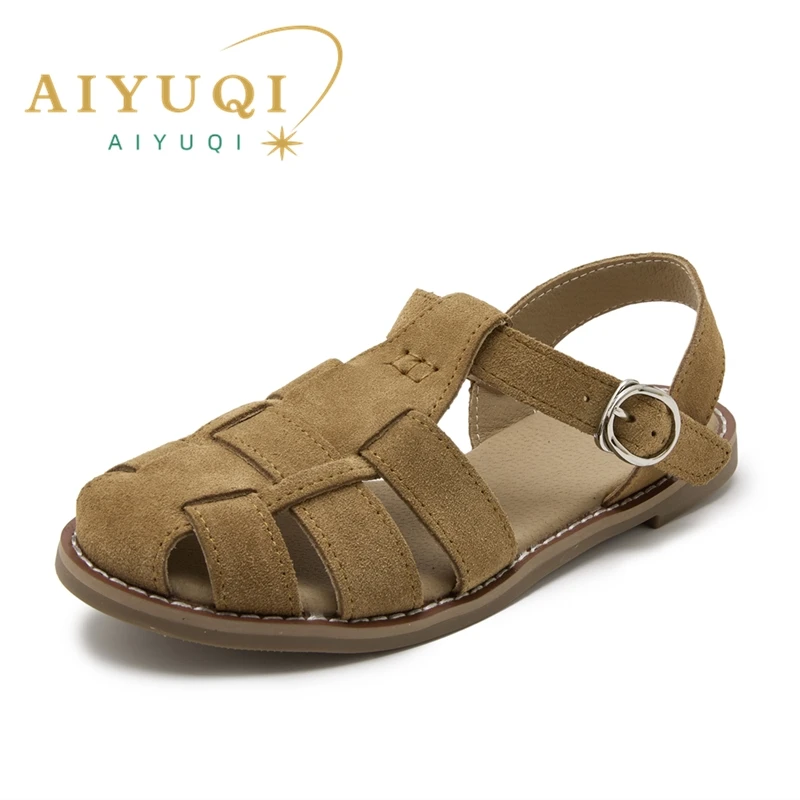 AIYUQI Flat-soled Retro Genuine Leather Hollow Baotou Sandals Women's 2025 New Hollow Pig Cage Women's Sandals 6