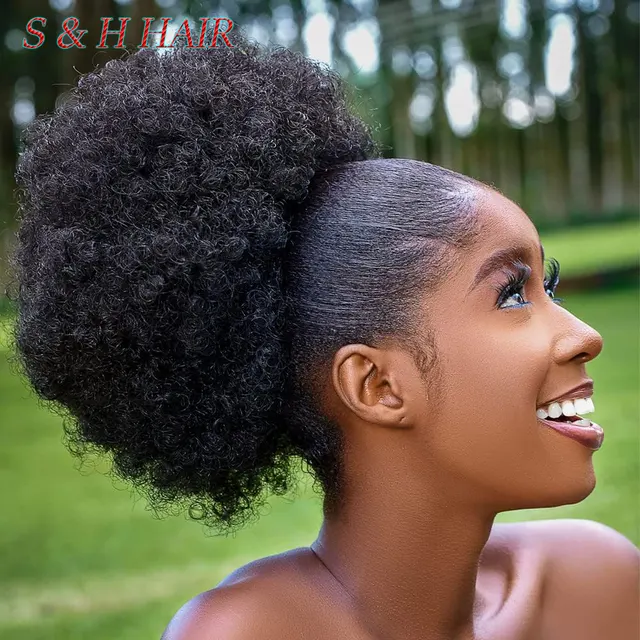 Large Afro Synthetic Puff Drawstring Ponytail 10 Inch Short Kinky Curly Hair Ponytail Hair Extensions with 2 Clips 1