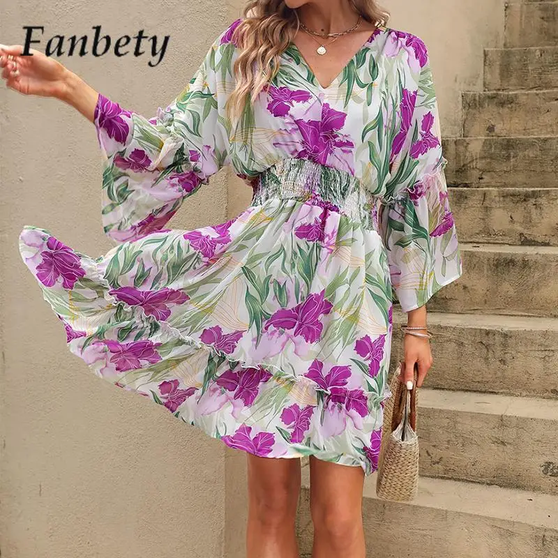 

Chic Floral Print Flared Sleeve Dress Fashion V-Neck Loose Chiffon A-Word Dress Women New Backless Lace-Up Pleated Mini Dress