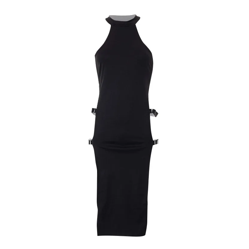 2024 Long Skirt Hot Girl Off Shoulder Solid Cut Out Dress Sexy Sleeveless Crew Neck Split Thigh Bodycon Dress Women's Clothing 4