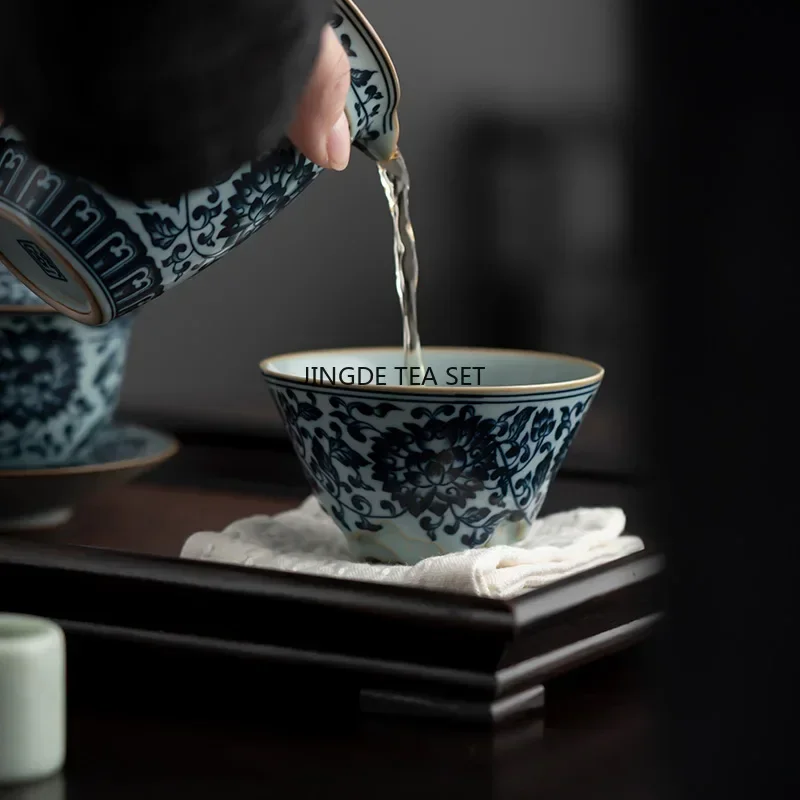 1 80ml Chinese retro blue and white ceramic tea cup handmade Ru kiln tea bowl household travel tea set