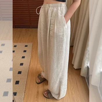 Japanese Style Maternity Women Cotton Linen Pants Vertical Striped Printing Wide Hem Loose High Waist Pregnant Women Pants