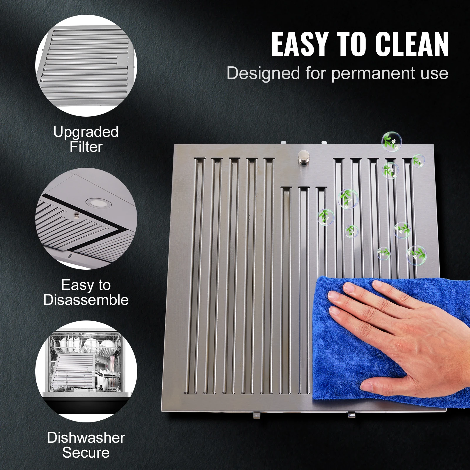 VEVOR Under Cabinet Range Hood Dual Motors Ductless Kitchen Stove Vent Permanent Filter Touch Control Panel Silver (30 inch) 3