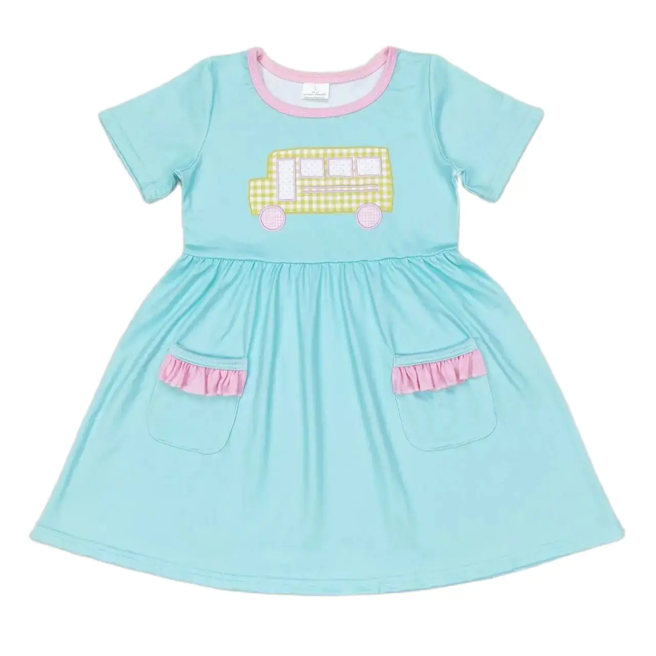 

GSD1341 Fashionable Kids Girls Dresses Short Sleeves Top Yellow Plaid School Bus Teal Pocke Print With Dress Children Clothes