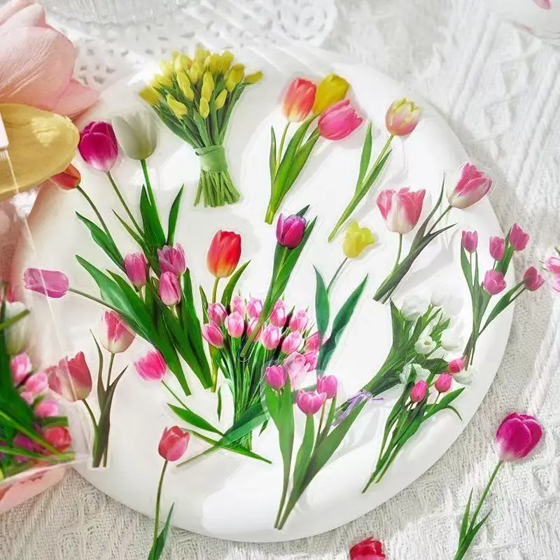 사무실 학교 용품 PET 스티커 팩 꽃 로맨스 시리즈 크리에이티브 및 식물 핸드북 DIY 재료 스티커 40매 카와이