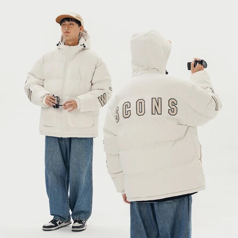 Street Style Men's Winter Letter Embroidery Hooded Cotton-Padded Jacket Unisex Parkas Thick Warm Solid Color Fashion Windbreaker