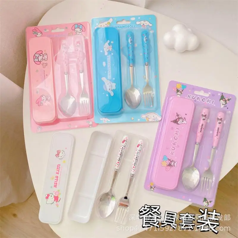 

Sanrioed Anime Cartoon My Melody Kuromi Cinnamoroll Stainless Steel Cutlery Ins Kawaii Portable Fork Spoon Set Holiday Gifts