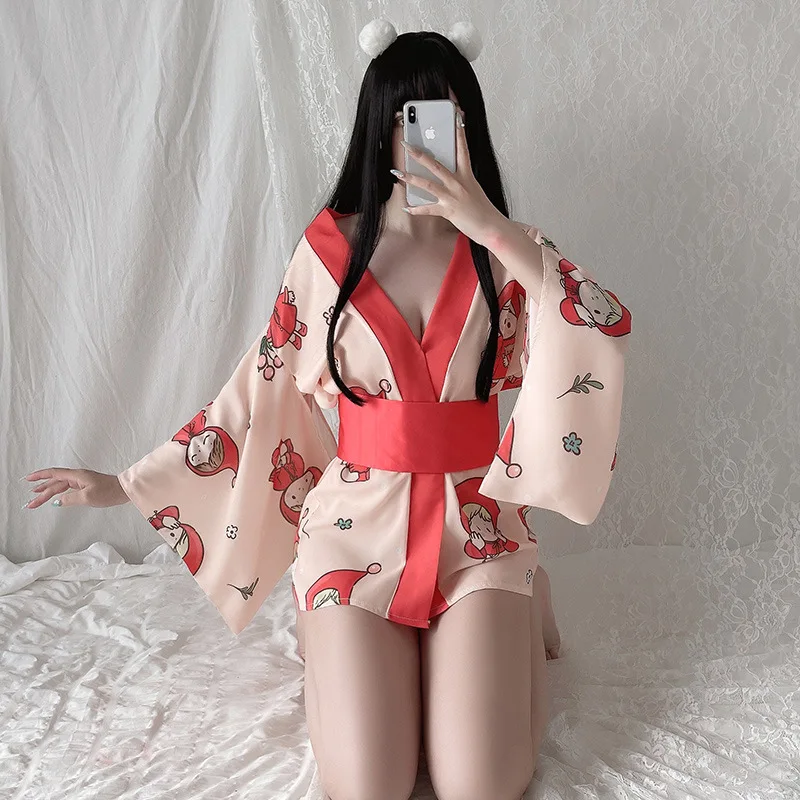 

Japanese Kimono Women Sexy Lingerie Robe Lovely Loose Printed Deep V Cardigan Temptation Uniform Cosplay Costume