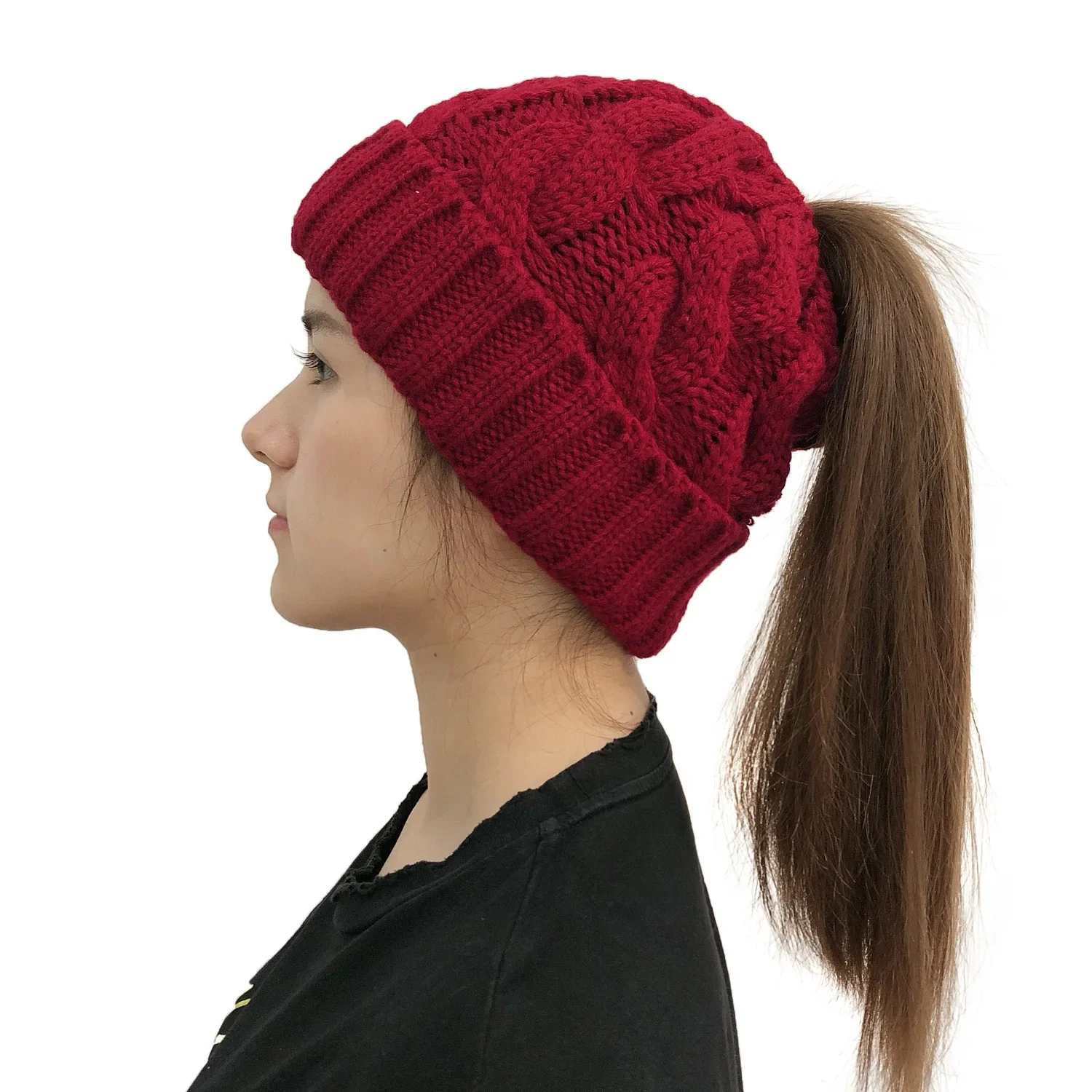 Women Winter Hats Beanies Knitted Girls Cap Twist Crochet Winter Hats For Female Pompom Beanie Ear Braid Ponytail Hat Skullies 5