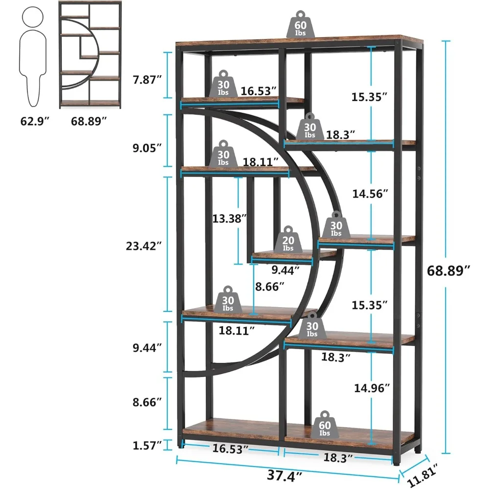 Bookshelf Industrial 5 Tier Etagere Bookcase, Freestanding Tall Bookshelves Display Shelf Storage Organizer 2