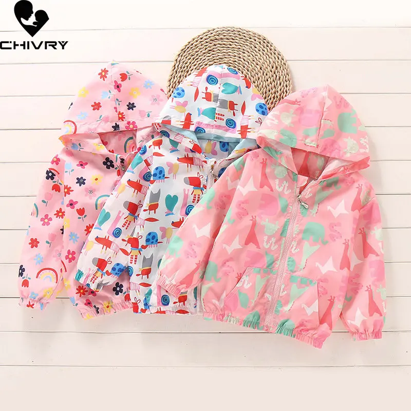 

New 2023 Spring Summer Girls Coat Jacket Kids Cartoon Rainbow Floral Hooded Zipper Jackets Windbreaker Baby Girl Clothing
