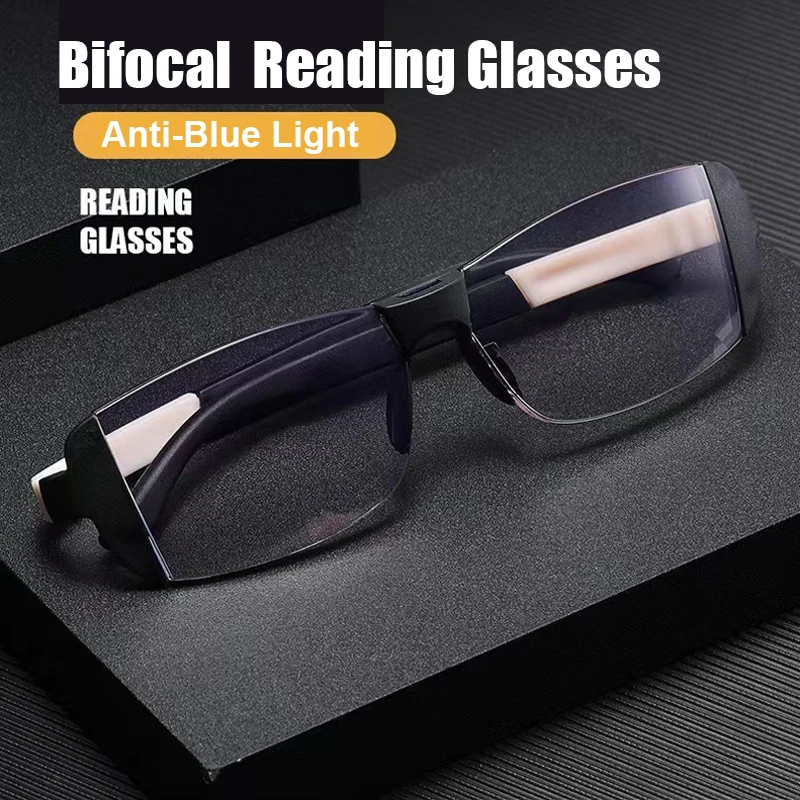 

Near-far dual-purpose Rimless Bifocal Reading Glasses for Men Women Anti Blue Light Magnet Adjustable Legs Hyperopia Eyeglasses