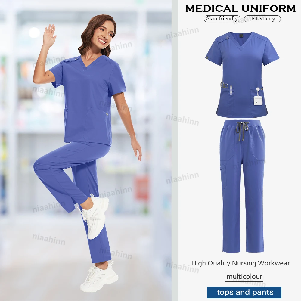 Niaahinn Arbeitskleidung Stretch Scrubs Uniformen Sets Krankenschwester Scurb Uniform Frauen Medizinische Scrubs V-ausschnitt Kurzarm Gerade Hosen Sets – Detail 14