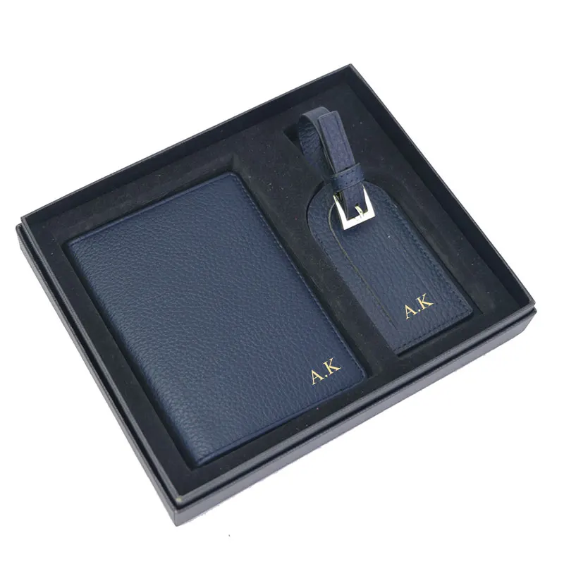 Free Monogrammed Initial Letters Gift Box  Cow Pebble Leather Set Passport Holder Luggage Tag Passport Cover Travel Accessories