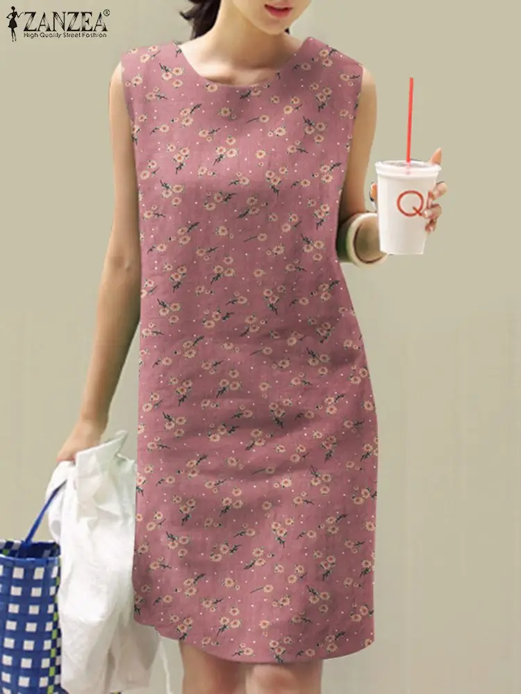 

ZANZEA Summer Casual Sleeveless Tank Dress Bohemian Floral Printed Dresses Woman Vintage O-Neck Vestidos Female Beach Sundress