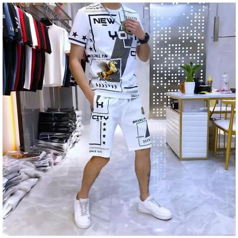 Men's Summer Short sleeve Shorts pants Suit Fashion Brand Handsome Printing Fashion Casual Slim-fit 2-piece Set