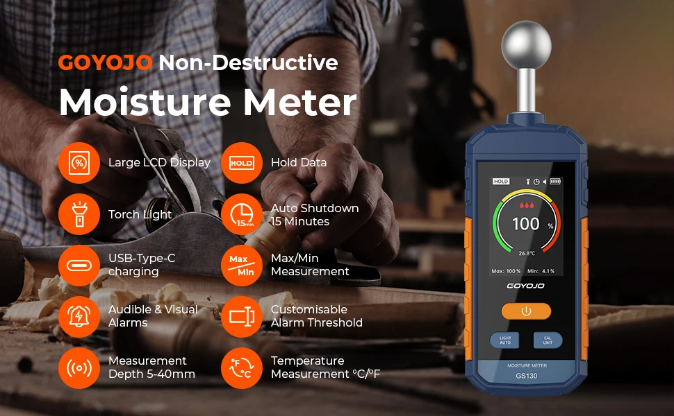 Digital Wood Moisture Meter Non-contact Spherical Timber Damp Detector LCD Scree
