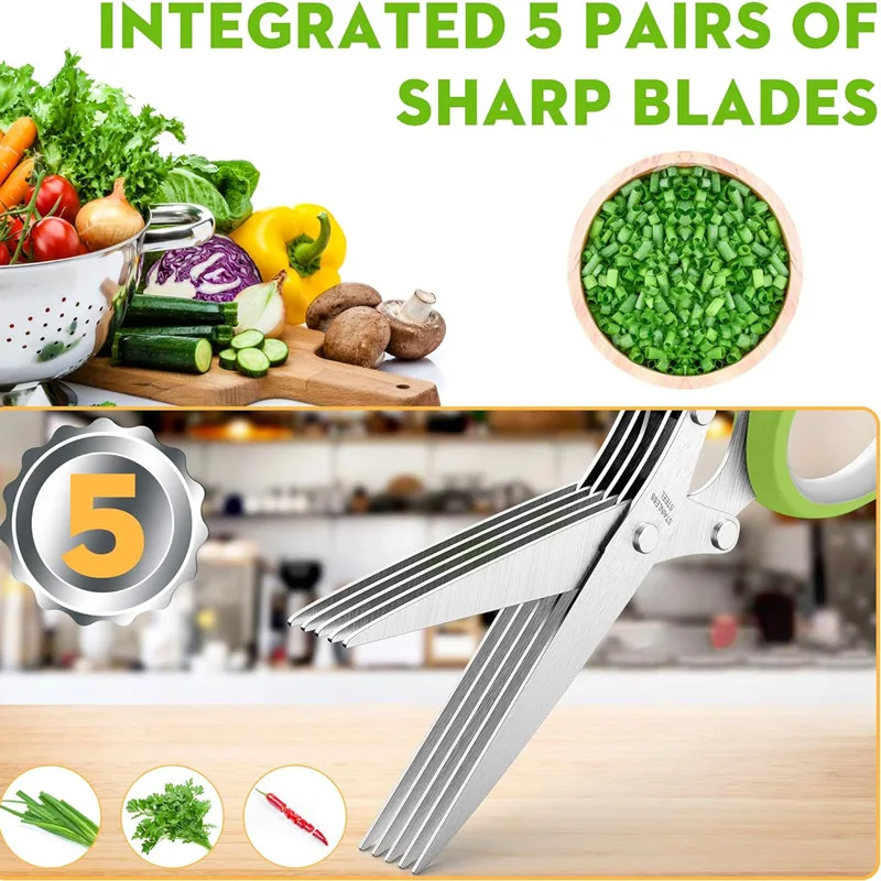 Multifunctional 5 Layers Stainless Steel Knives Kitchen Scissors Scallion Cutter Herb Laver Spices Cook Cut Shredders & Slicers