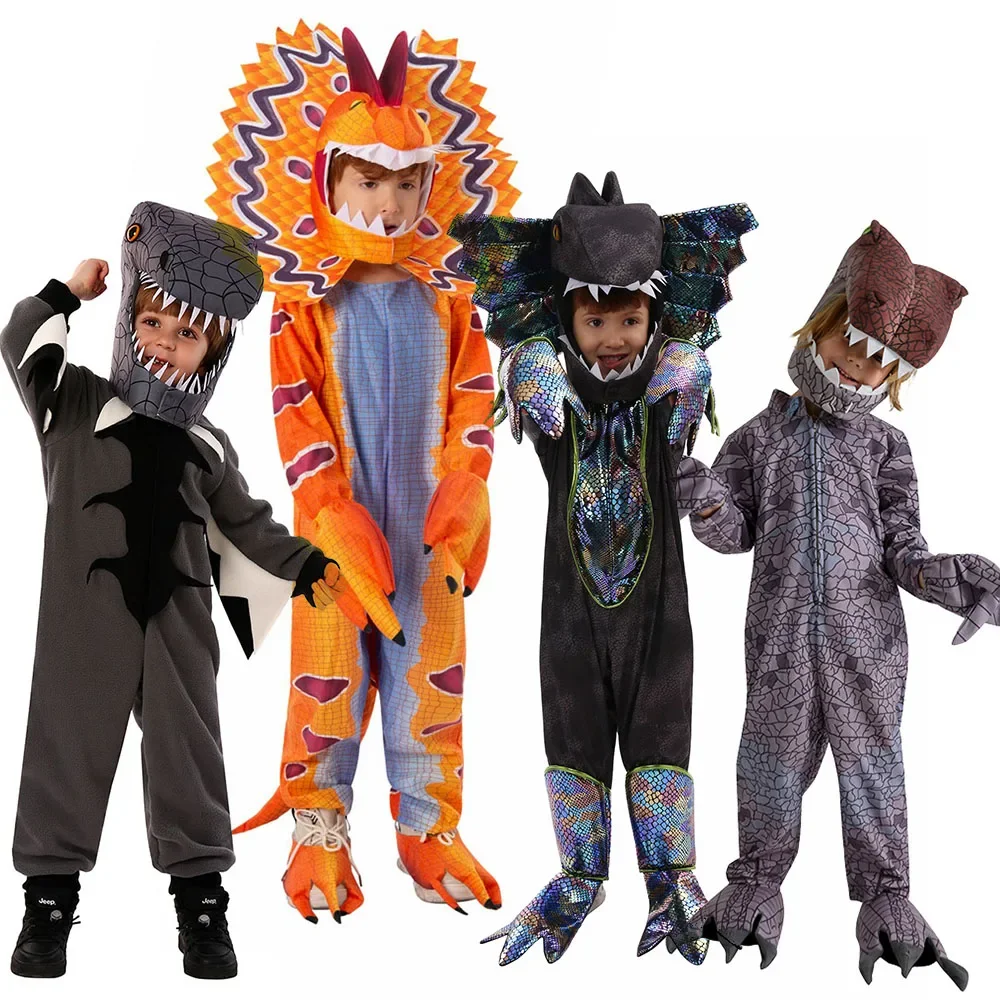 Cute Kids Dinosaur Costume Cosplay Cartoon Orange Dilofosaurus Costume Ragazzi Bambino Tuta Scuola Festa Studente Gioco Di Ruolo Suit
