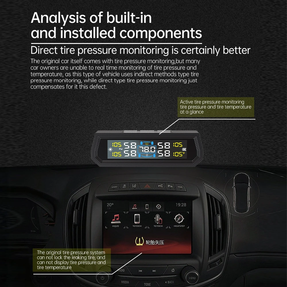 Tire Pressure Monitoring System Temperature Warning With 4 External Sensors Solar TPMS Car Tyre Pressure Monitor Voice Warning
