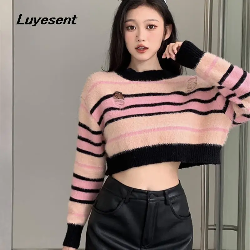 

Female Pink Pullover Short Sweater 2023 Autumn Y2k Girl Hollow Slit Long Sleeve Striped O Neck Sweaters Sweet Loose Jumpers