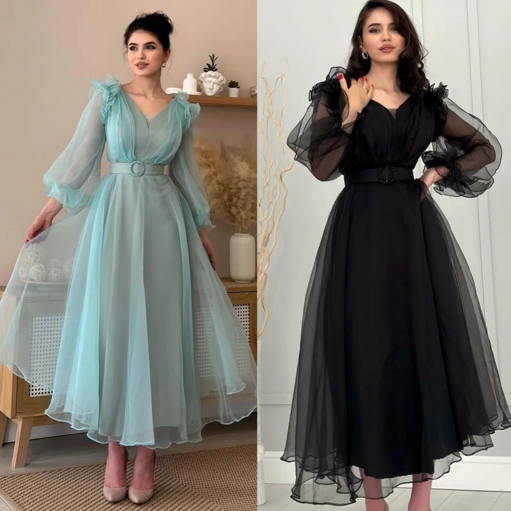 Organza Draped Pleat Sash Ruched Formal Evening A-line V-Neck Bespoke Occasion Gown Midi Dresses·