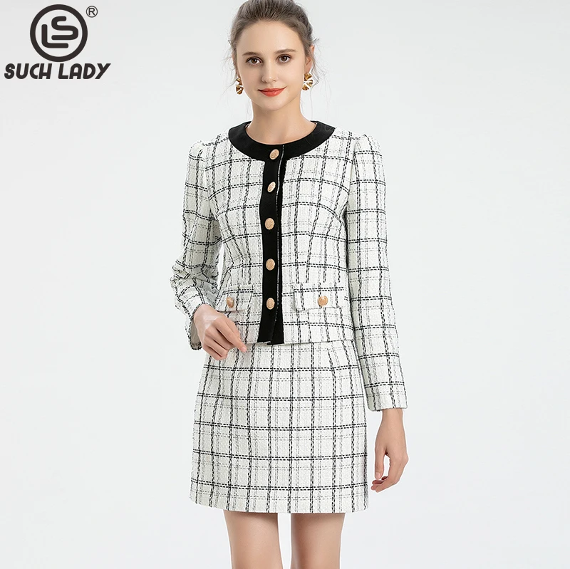 

Женский комплект из двух предметов, клетчатая куртка с круглым вырезом и длинным рукавом и юбка-карандаш, модельный Костюм-двойка