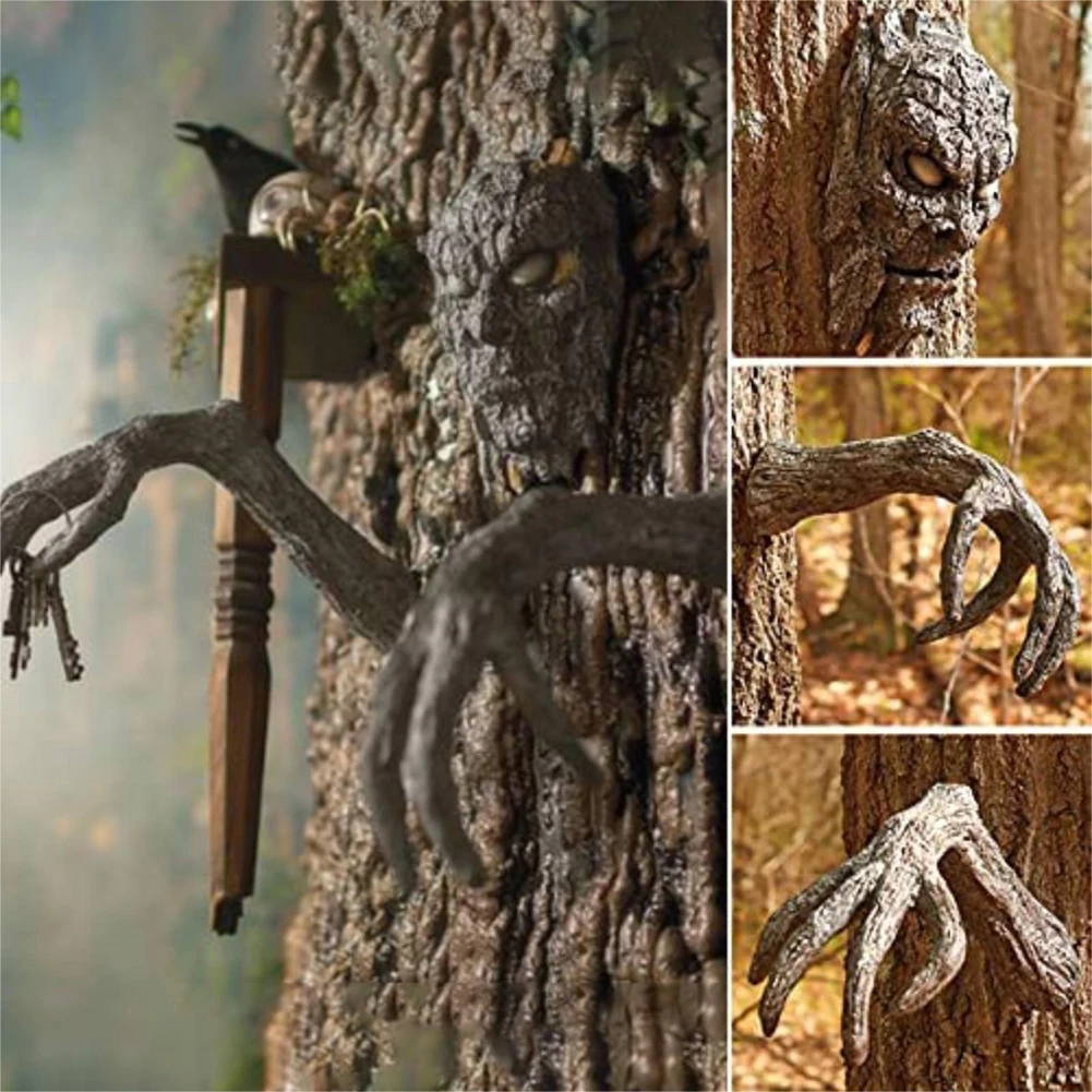 

NEW Tree Bark Face Halloween Outdoor Garden Statue Ghost Face Sculpture Decor Horror Tree Demon Decoration Haunted House 2022