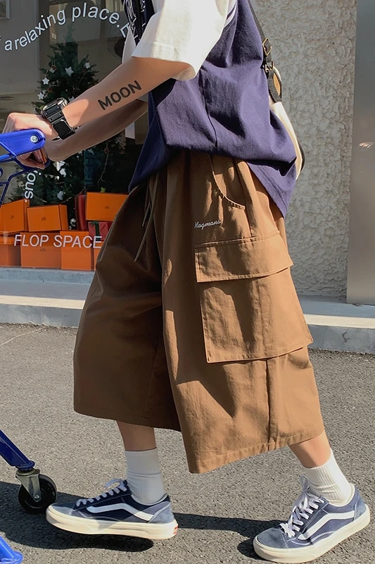 Man Cargo Thin Calf Length Short Pants Coffee Color Streetwear Ins BF Harajuku Loose Straight Pockets Daily Party Holiday Shorts