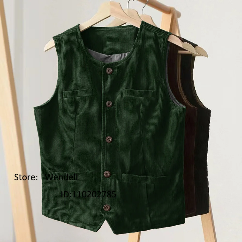 Men's Corduroy Vest Retro Punk Casual Sleeveless Jacket Waistcoat Man Jackets Kuecho Clothes Fan Air Conditioning Male Coat Top