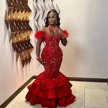 Oke Mermaid Feathers Cap Sleeves Crystal Beaded Tiered Ruffles Gown