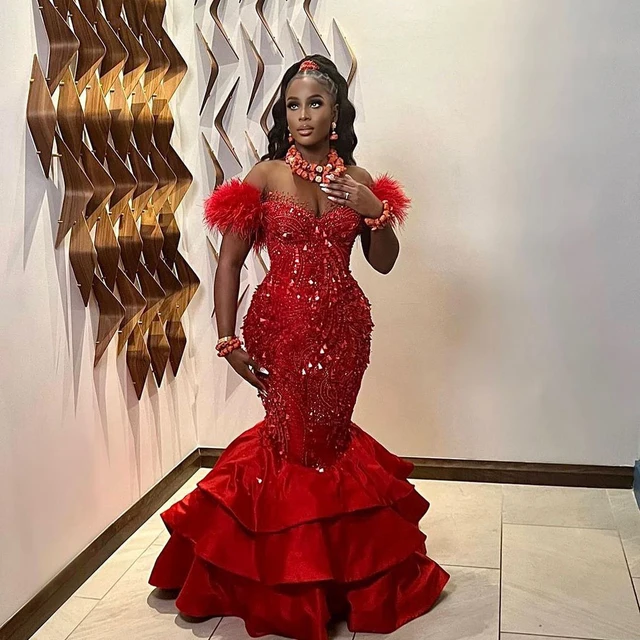 Oke Mermaid Feathers Cap Sleeves Crystal Beaded Tiered Ruffles Gown