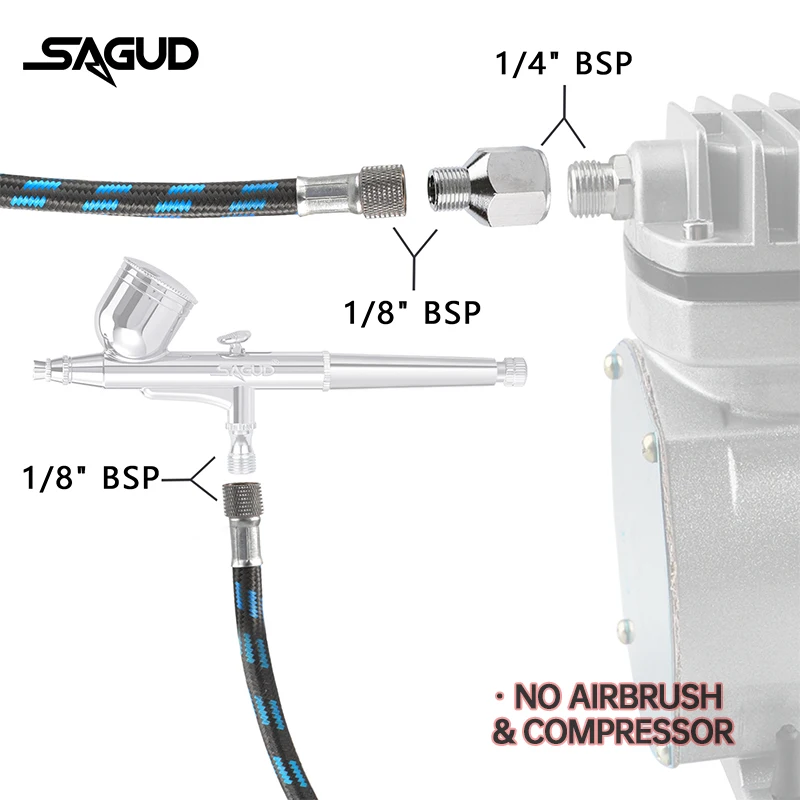 Airbrush Hose 1.8m 1/8” Thread Nylon Braided Air Hose and a Fitting Adapter 1/8” Male - 1/4” Female for Most Airbrush Accessorie 2