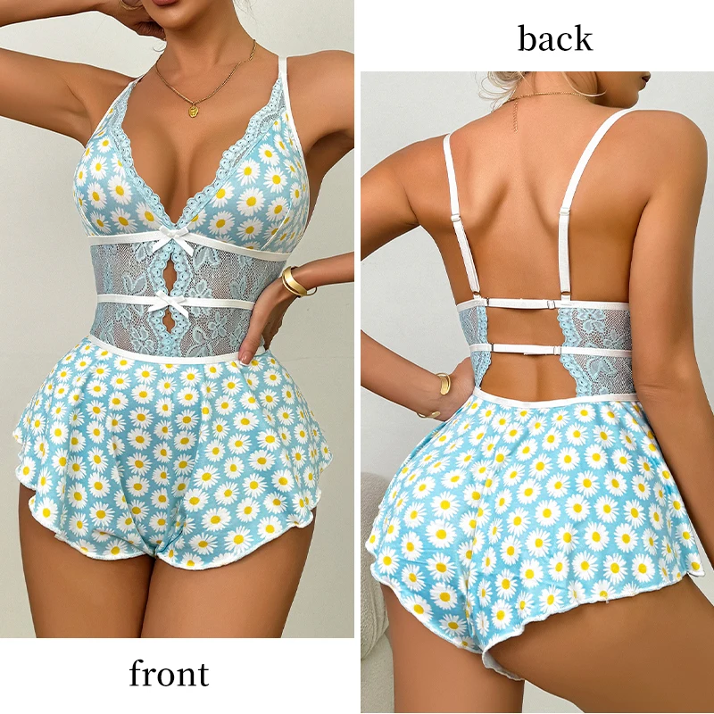 Bow Tie Lace Perspective Women's Jumpsuit Daisy Flower Print V-Neck Hanging Neck