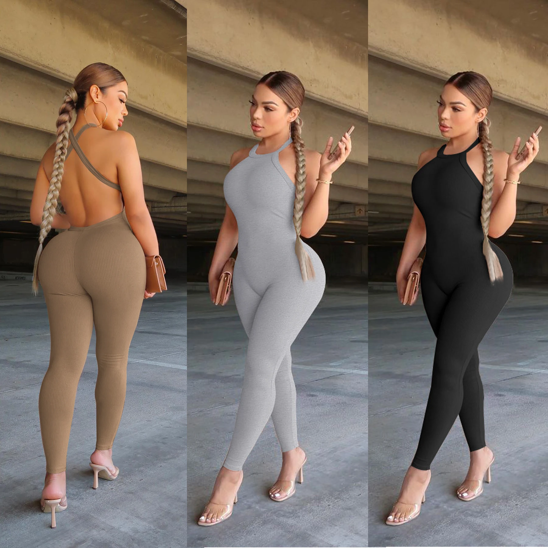 Ribbed One Piece Sexy Jumpsuits 2023 Women Fashion Summer Clothes Club Elegant Bodycon Backless Sport Jumpsuit Bodysuit Playsuit