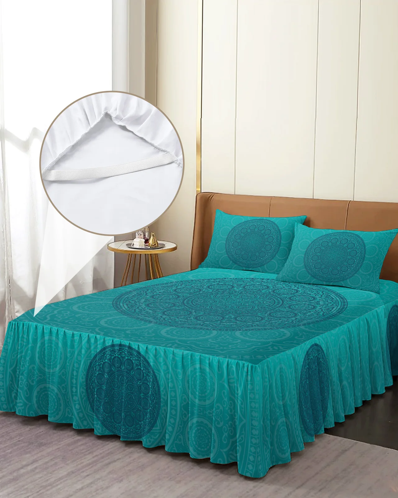 

Turquoise Mandala Bobo Bohemian Bed Skirt Elastic Fitted Bedspread With Pillowcases Mattress Cover Bedding Set Bed Sheet