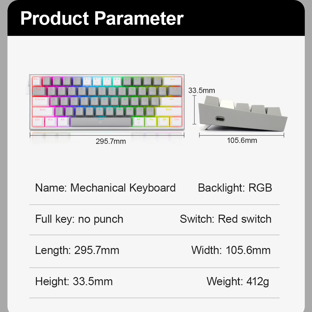 mechanical keyboard REDRAGON Fizz K617 RGB USB Mini Mechanical Gaming Wired Keyboard Red Switch 61 Key Gamer for Computer PC Laptop detachable cable