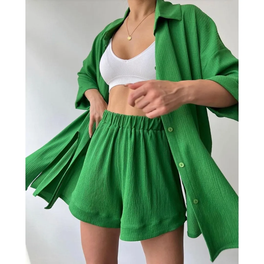 Women Shorts Set Short Sleeve Cardigan Shorts Two-piece Set Pajamas Loungewear Casual Loose Nightwear Solid New