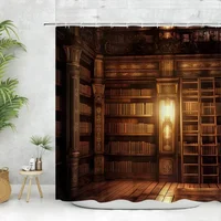 Vintage Library ผ้าม่านหนังสือเก่าชั้นวางหนังสือเทียน Magic ไม้โบราณผ้าโพลีเอสเตอร์ห้องน้ํา Decora ผ้าม่านล้างทําความสะอาดได้ 3