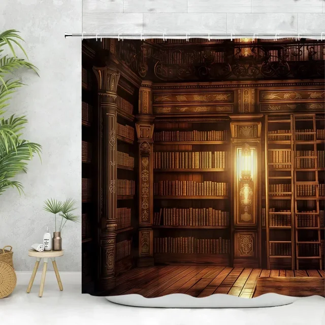 Vintage Library ผ้าม่านหนังสือเก่าชั้นวางหนังสือเทียน Magic ไม้โบราณผ้าโพลีเอสเตอร์ห้องน้ํา Decora ผ้าม่านล้างทําความสะอาดได้ 3