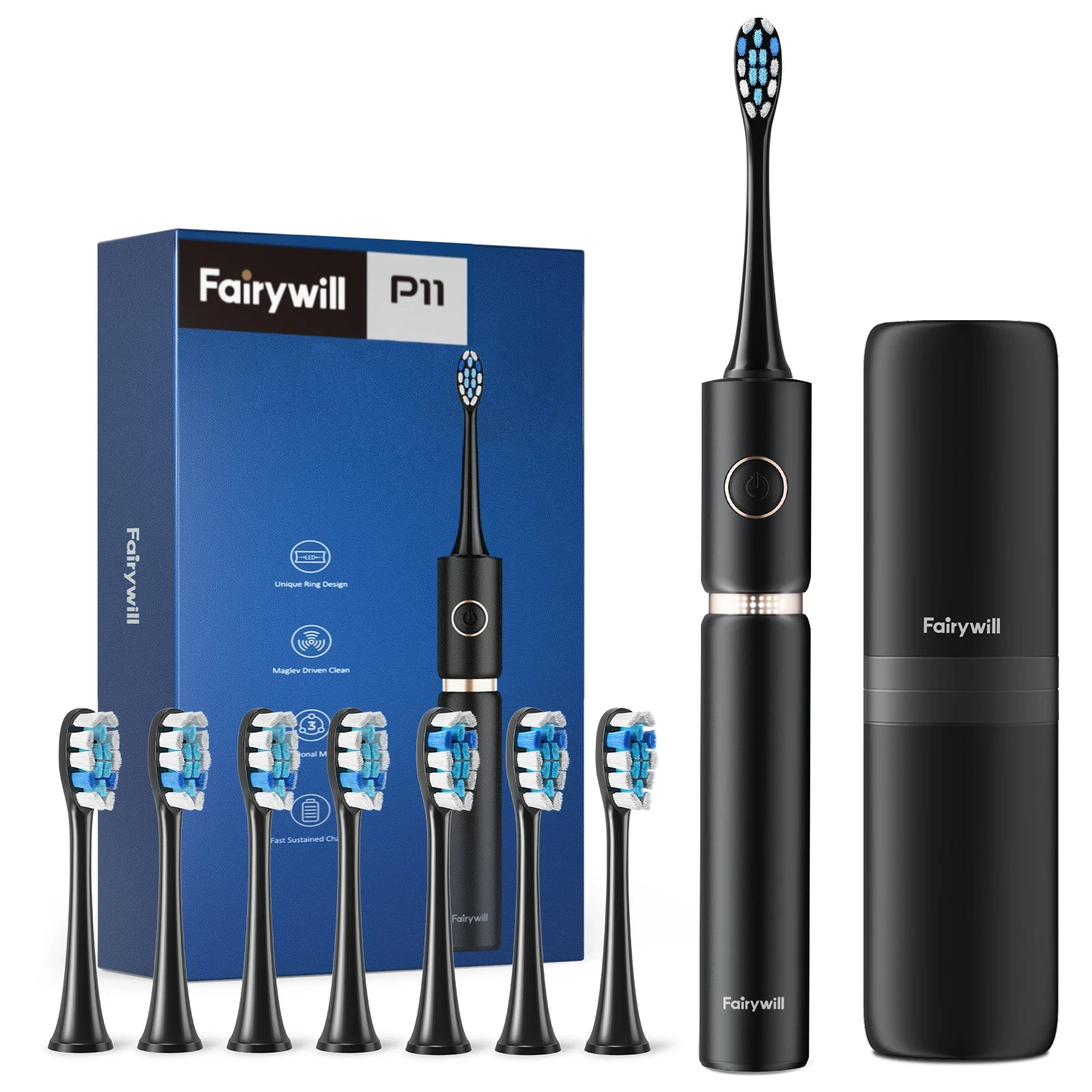 Electric Toothbrush Fairywill P11 Sonic Whitening Electric Toothbrush Rechargeable USB Charger Ultra Powerful Waterproof 8 Heads and 1 Travel Case