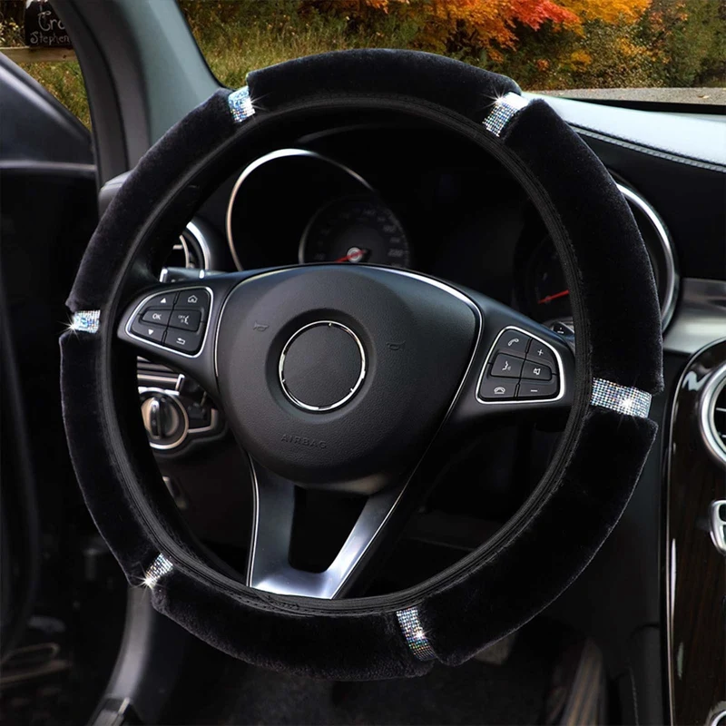 

Car Steering Wheel Cover Gearshift Handbrake Cover Protector Decoration Warm Soft Plush Rhinestone Black Pink Women Man