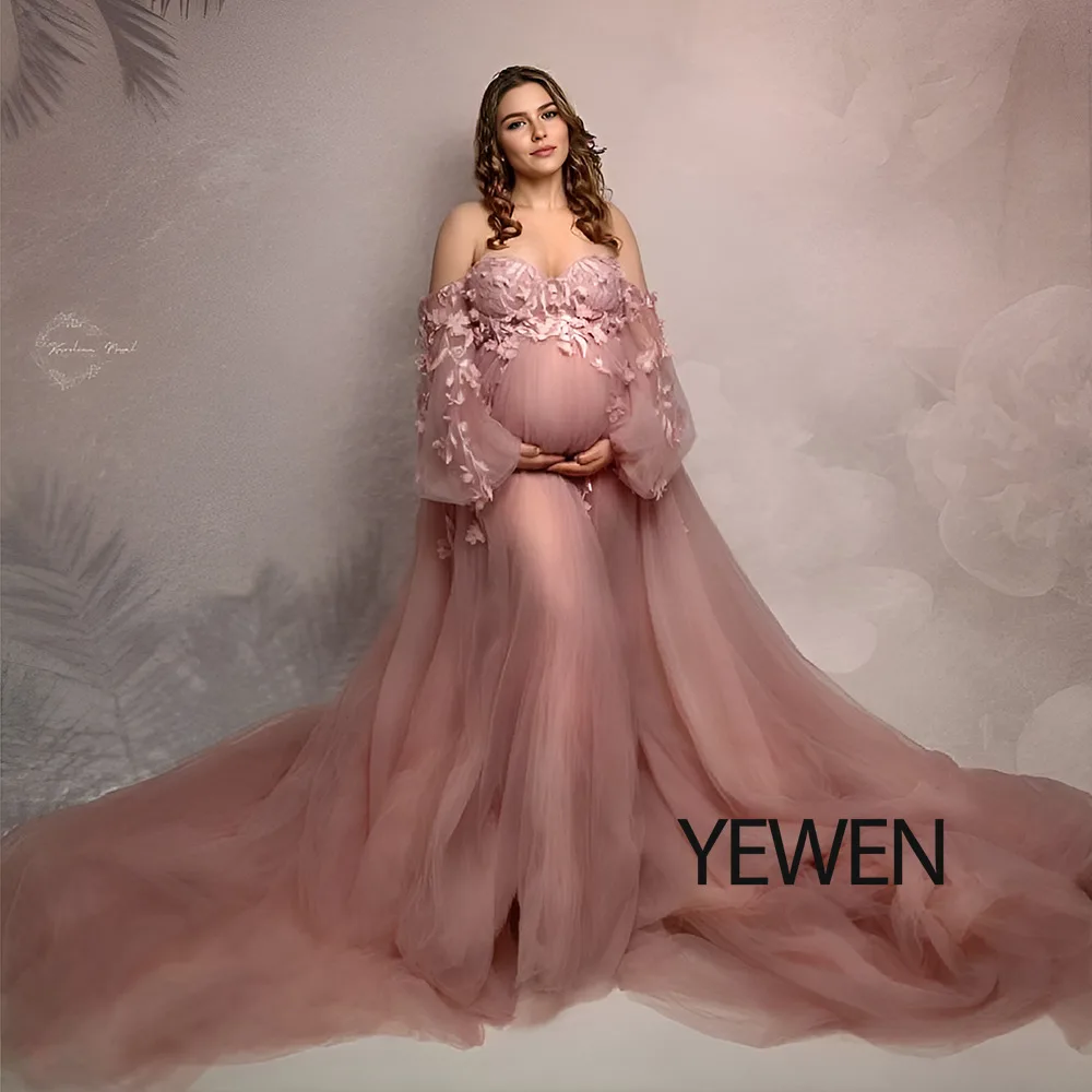 Robe de maternité en Tulle, épaules dénudées, manches longues - Main Image