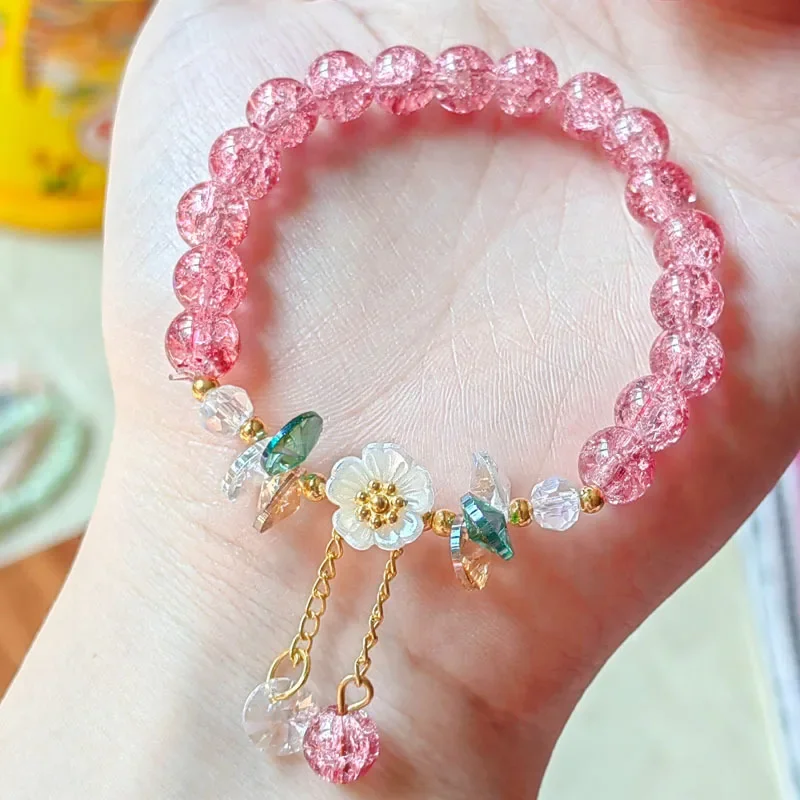 

+Korean New Sweet Daisy Flower Bracelet For Women Colorful Crystal Beaded Elastic Rope Bracelets Girl Party Wedding Jewelry Gift