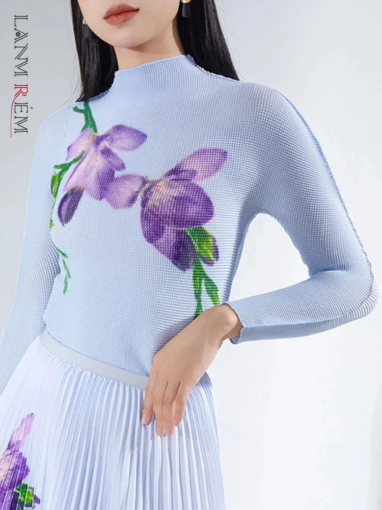 

LANMREM Pleated T Shirt For Women Floral Printing Long Sleeves Slim T-shirt Female Trendy Top Party 2024 Spring New 2DA3187