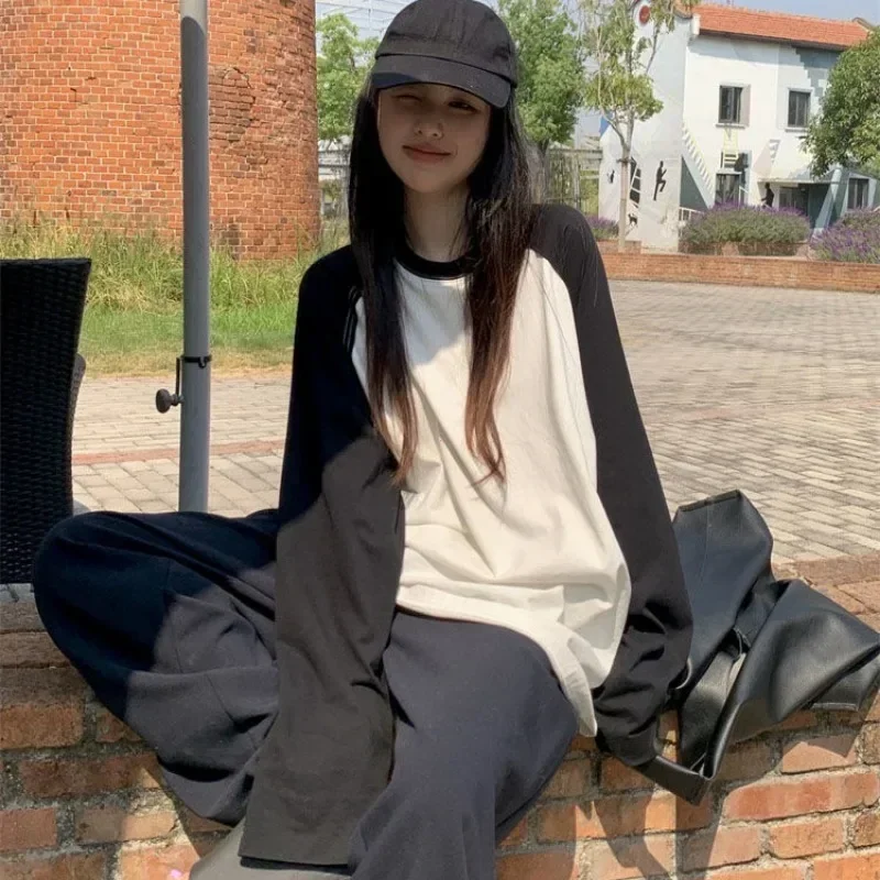Casual Oversized T Shirt Y2k Tops Harajuku Long Sleeve O-Neck T-Shirts Spring Autumn Black White Patchwork Tees Women Streetwear 2