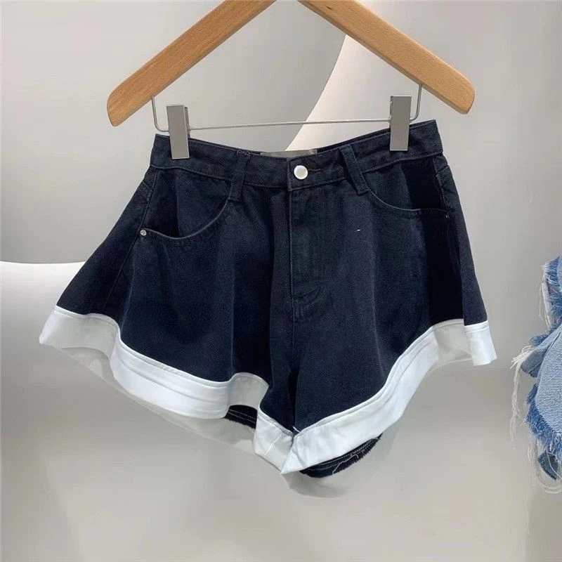 KUSAHIKI High Waist Demin Hit Color Patchwork Shorts Womens 2022 Spring Summer New Bottoms Causal Fashion Wide Leg Short Femme jorts Shorts