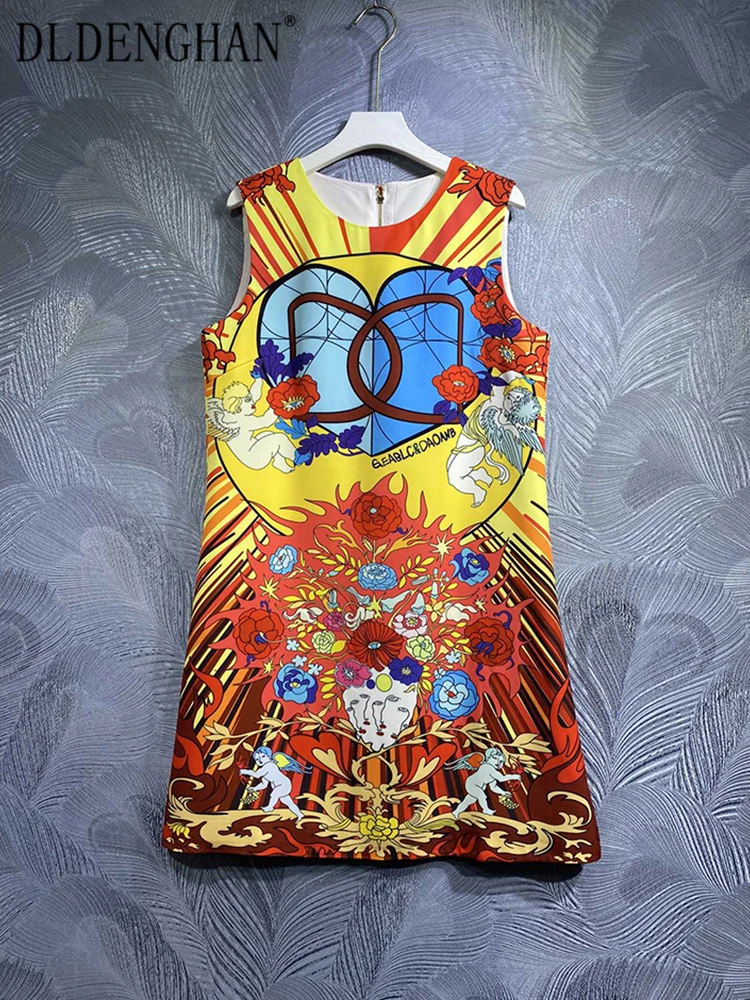 

DLDENGHAN Early Autumn Vest Dress Women O-Neck Sleeveless Floral Print Vintage Mini Dresses Fashion Designer New