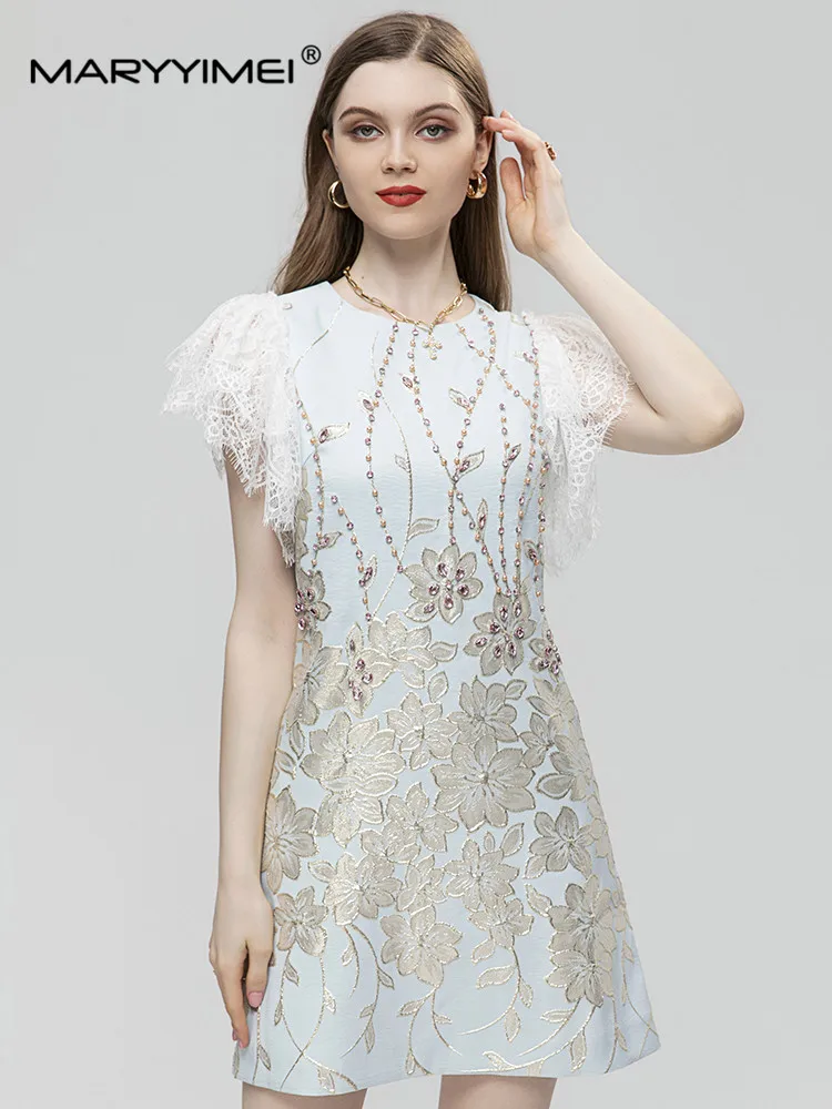 

MARYYIMEI Fashion designer Women's Round neck Summer Crystal Vintage Dress Jacquard printing Slim fitting dress